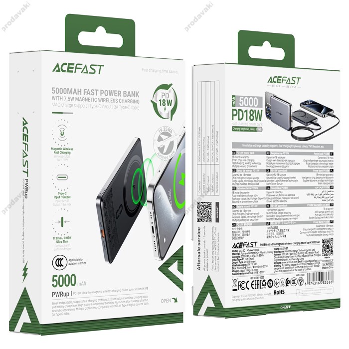 Повербанк портативний акумулятор Power bank Acefast M8 fultra-thin magnetic wireless магнітний PD18W 5000 mAh Black